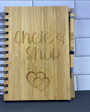 Load image into Gallery viewer, personalized bamboo notebook with pen
